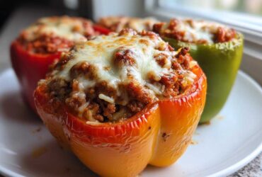 Close-up of a juicy, orange Air Fryer Stuffed Bell Pepper topped with melted cheese.