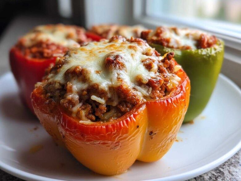 Close-up of a juicy, orange Air Fryer Stuffed Bell Pepper topped with melted cheese.