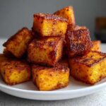 A close-up of a pile of golden brown, seasoned Air Fryer Sweet Potato Cubes stacked on a white plate.