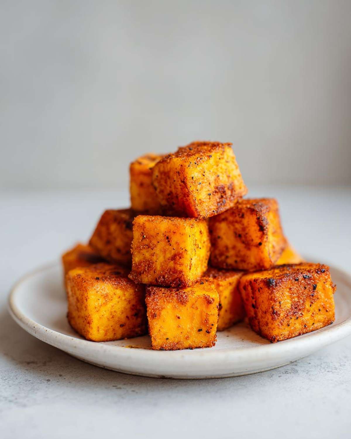 A stack of golden, seasoned Air Fryer Sweet Potato Cubes piled on a small white plate.