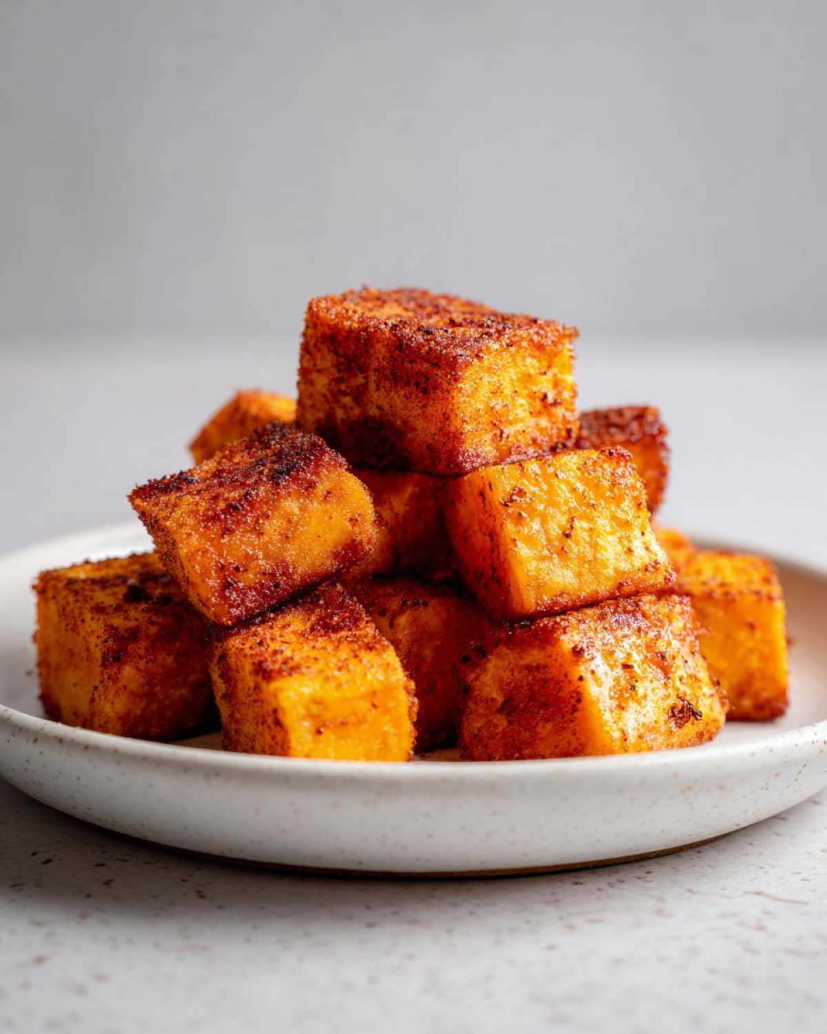 A close-up stack of perfectly seasoned and crispy Air Fryer Sweet Potato Cubes served on a speckled white plate.
