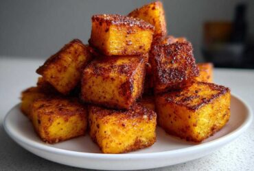 A close-up of a pile of golden brown, seasoned Air Fryer Sweet Potato Cubes stacked on a white plate.