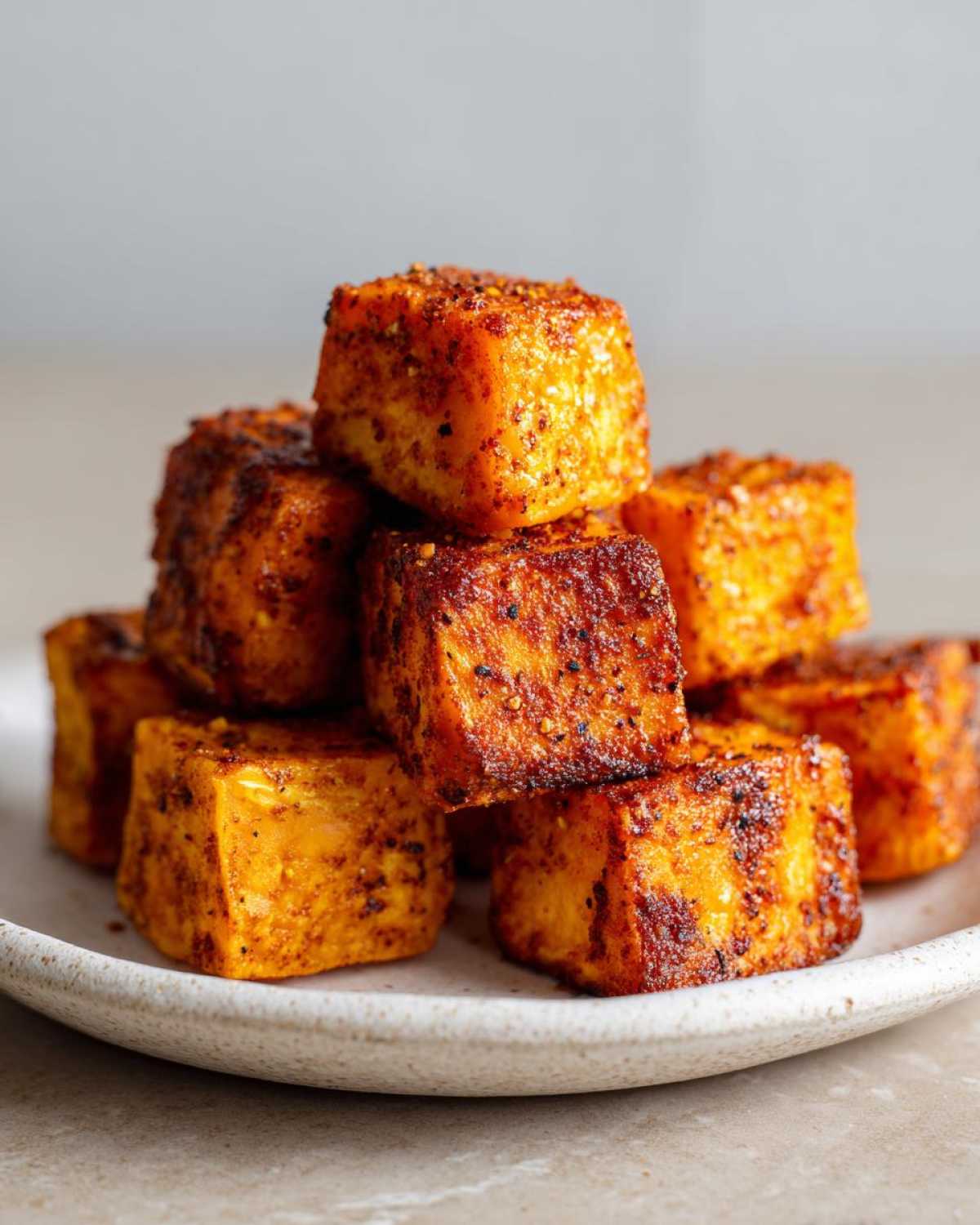 A stack of crispy, golden-brown Air Fryer Sweet Potato Cubes seasoned with spices on a light ceramic plate.