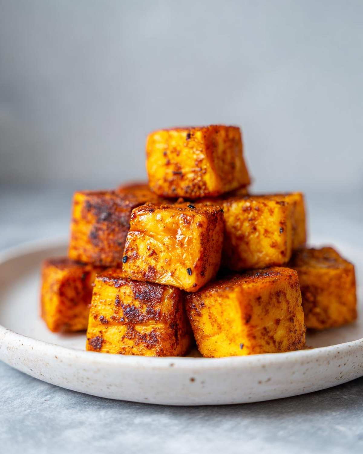 A stack of perfectly cooked, seasoned Air Fryer Sweet Potato Cubes piled on a speckled white plate.