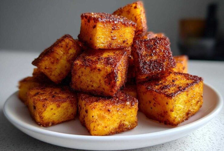 A close-up of a pile of golden brown, seasoned Air Fryer Sweet Potato Cubes stacked on a white plate.