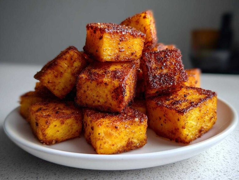 A close-up of a pile of golden brown, seasoned Air Fryer Sweet Potato Cubes stacked on a white plate.