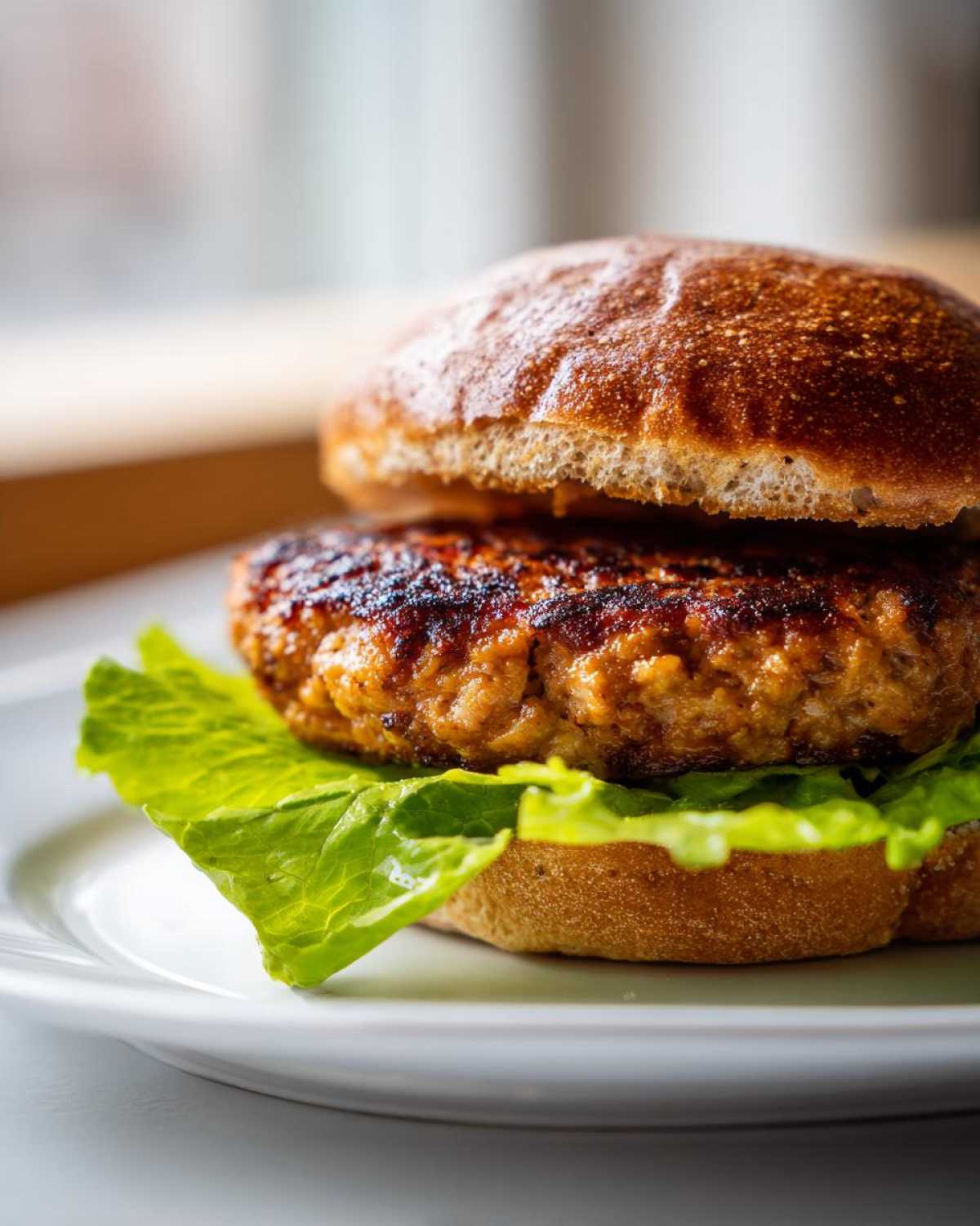 Close-up of a juicy Air Fryer Turkey Burger patty resting on lettuce inside a toasted bun.