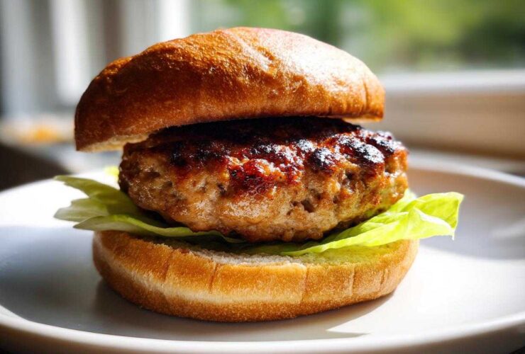 Close-up of a juicy Air Fryer Turkey Burger patty served on a toasted bun with crisp lettuce.