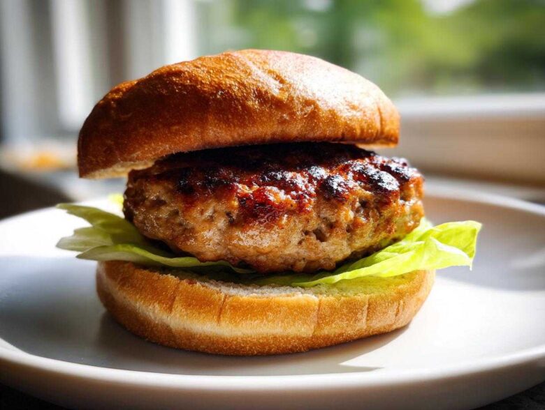 Close-up of a juicy Air Fryer Turkey Burger patty served on a toasted bun with crisp lettuce.