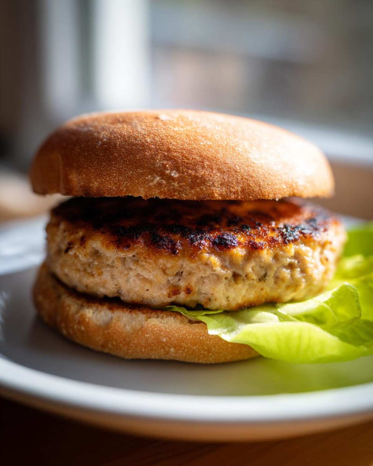 Close-up of a perfectly cooked Air Fryer Turkey Burger patty on a toasted bun with crisp lettuce.