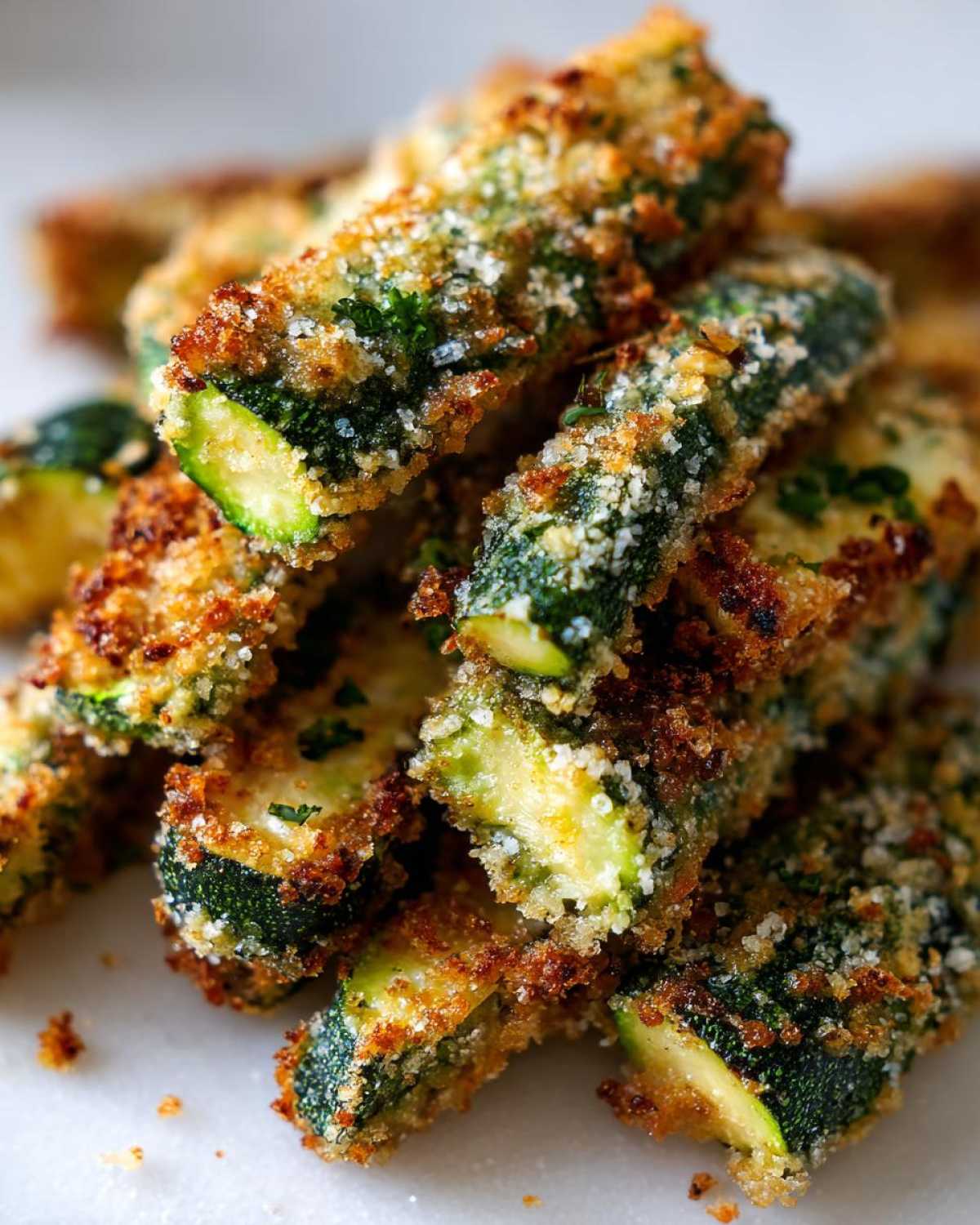 Close-up of crispy, golden-brown Air Fryer Zucchini Fries with Parmesan coating stacked together.