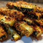 Close-up of a pile of golden brown, crispy Air Fryer Zucchini Fries with Parmesan coating.