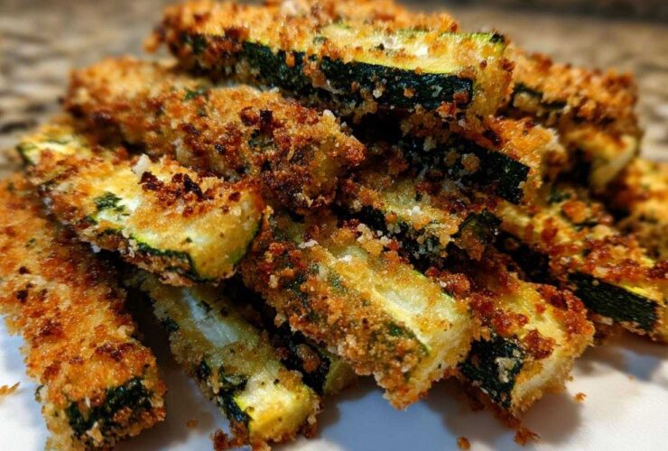 Close-up of a pile of golden brown, crispy Air Fryer Zucchini Fries with Parmesan coating.