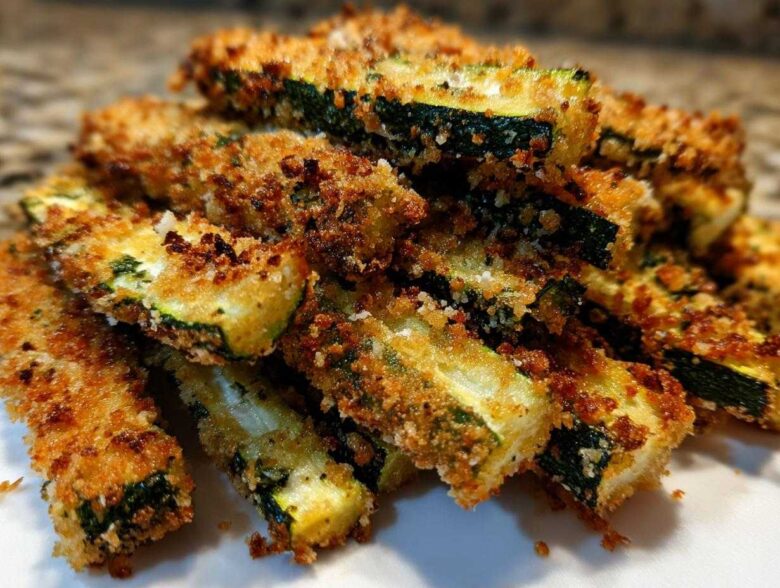 Close-up of a pile of golden brown, crispy Air Fryer Zucchini Fries with Parmesan coating.