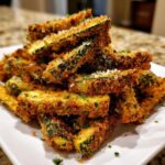 A pile of golden brown, crispy Air Fryer Zucchini Fries with Parmesan cheese and parsley on a white plate.