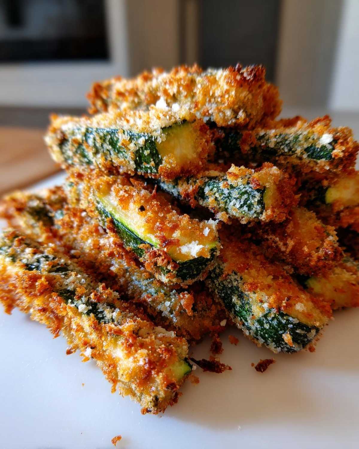 Close-up of a stack of crispy, golden brown Air Fryer Zucchini Fries with Parmesan coating.