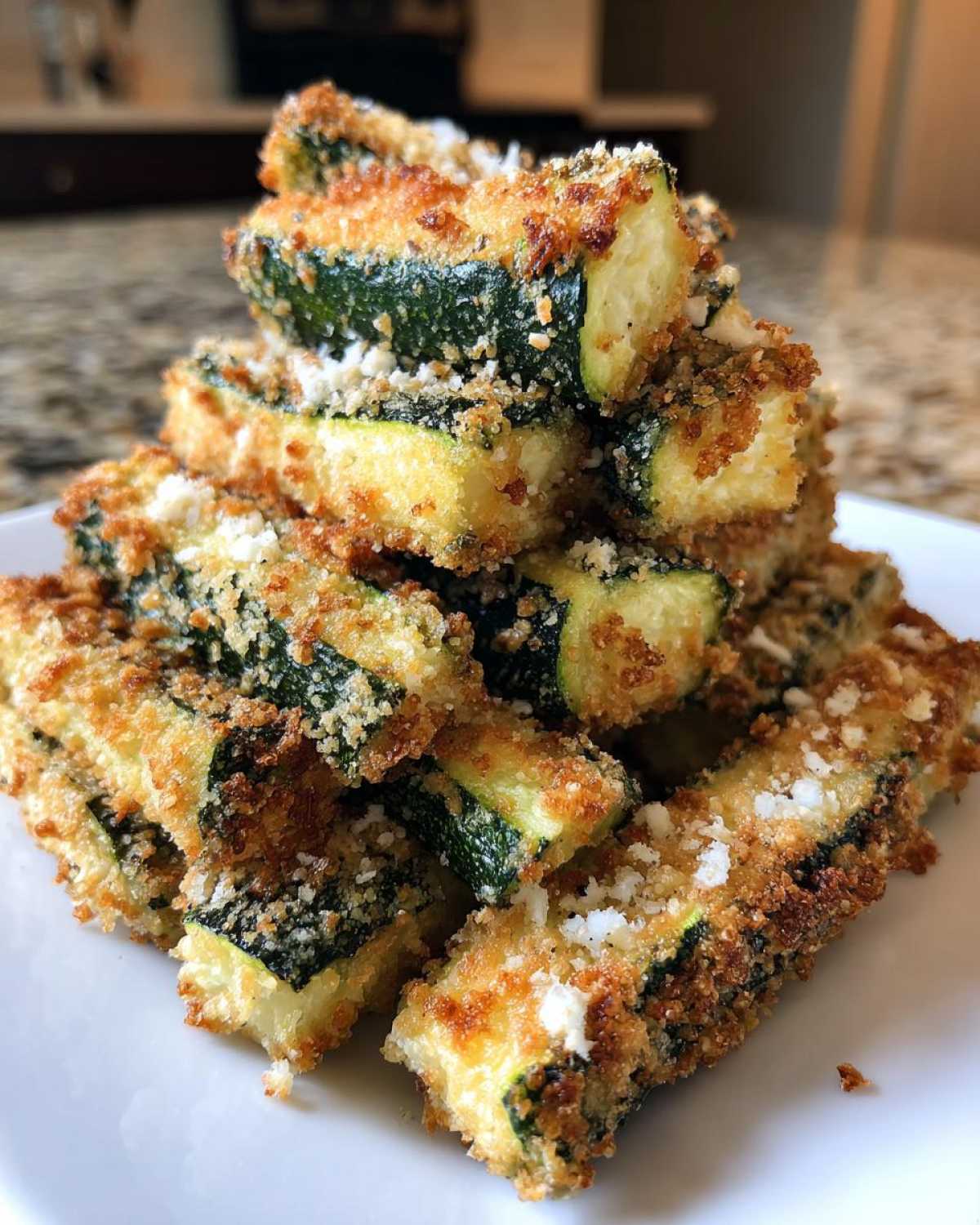 A stack of crispy Air Fryer Zucchini Fries with Parmesan coating piled high on a white plate.