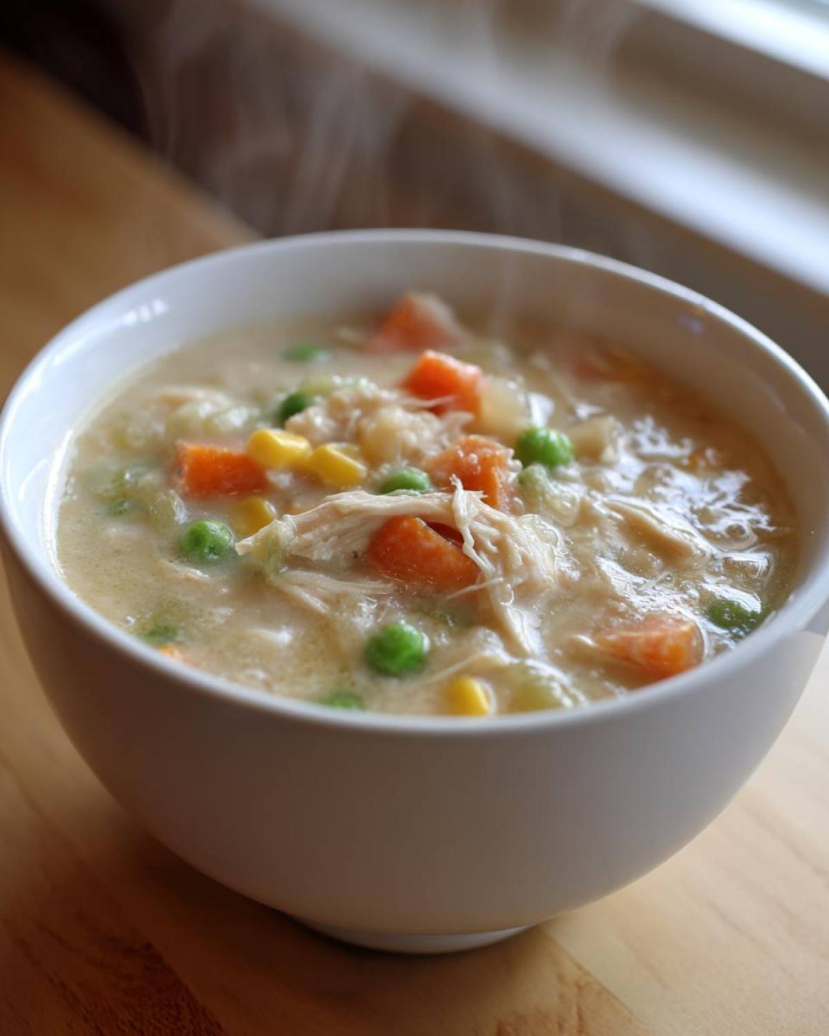 A close-up of a white bowl filled with steaming Chicken Pot Pie Soup, featuring shredded chicken and mixed vegetables like carrots, peas, and corn.