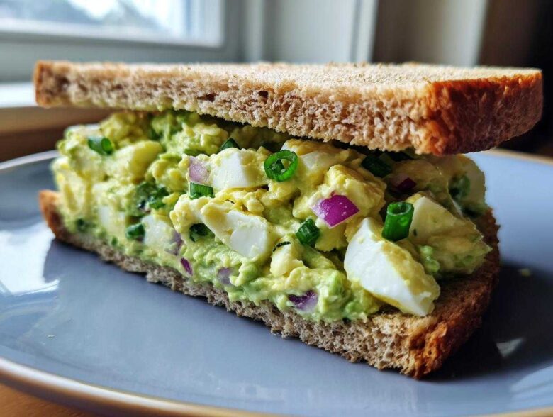 A thick-cut Avocado Egg Salad Sandwich made with whole wheat bread, showing chunks of egg, green avocado mash, red onion, and chives.