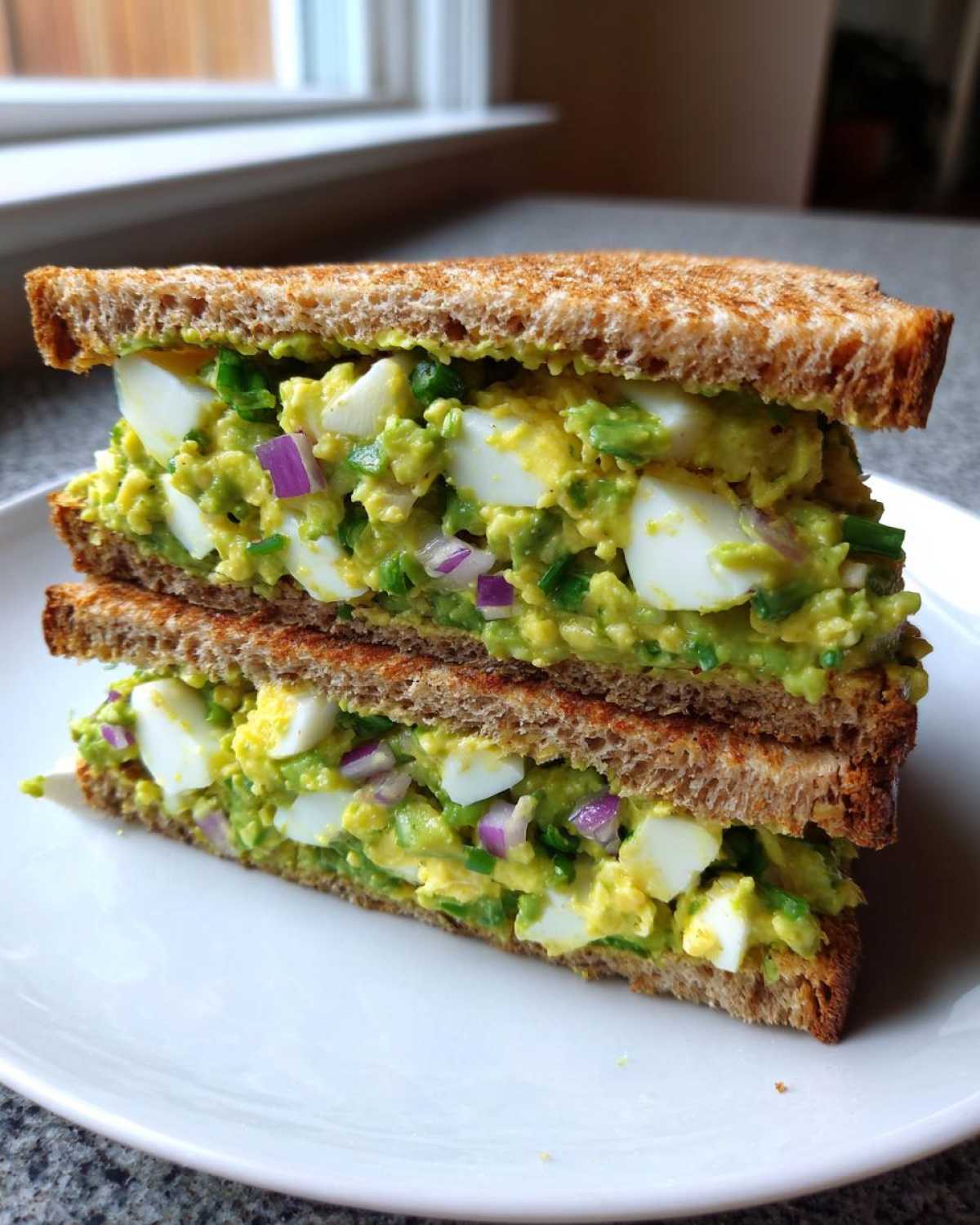 A stacked Avocado Egg Salad Sandwich cut in half, showing chunky egg pieces and red onion in green avocado mash on toasted wheat bread.