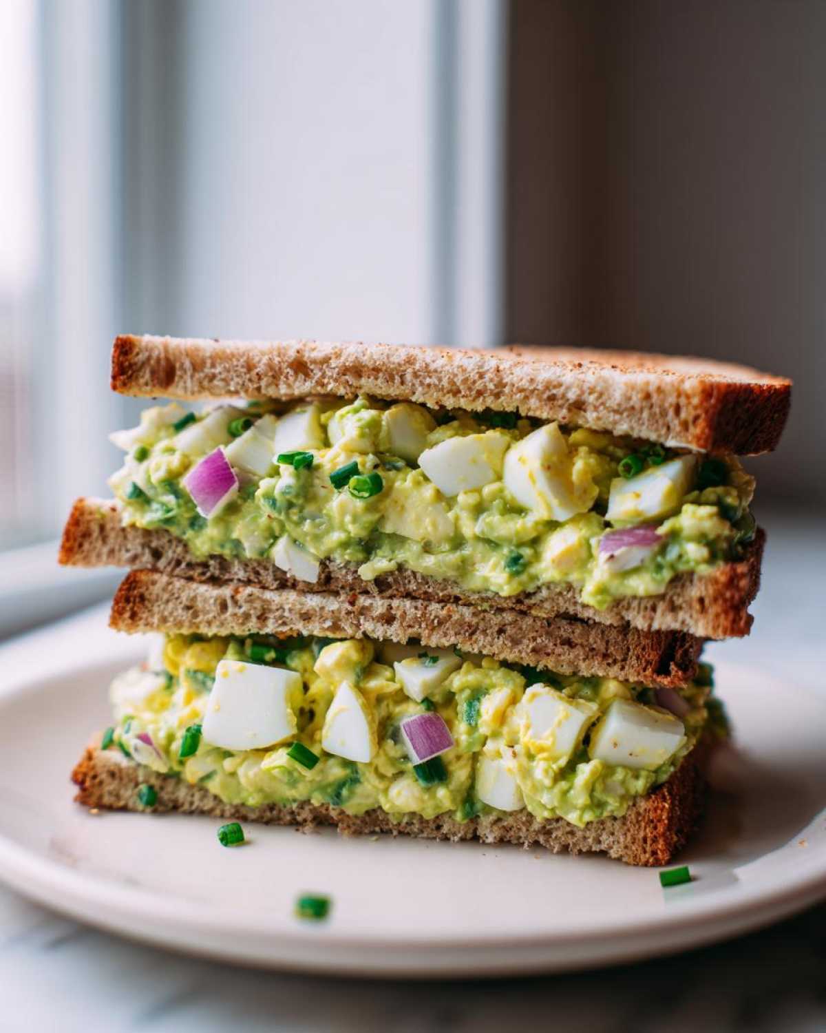 Two halves of an Avocado Egg Salad Sandwich stacked on a plate, showing chunky egg pieces and red onion.