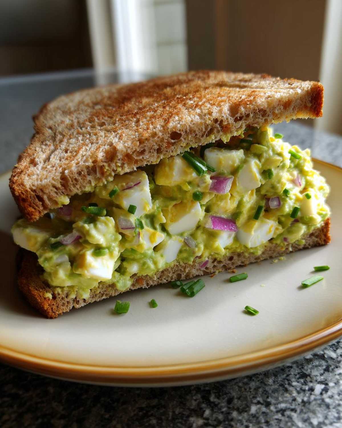Close-up of a hearty Avocado Egg Salad Sandwich made with whole wheat toast, visible chunks of egg, and red onion.