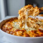 A wooden spoon lifts a scoop of hot Baked Buffalo Chicken Dip showing extreme cheese pull.