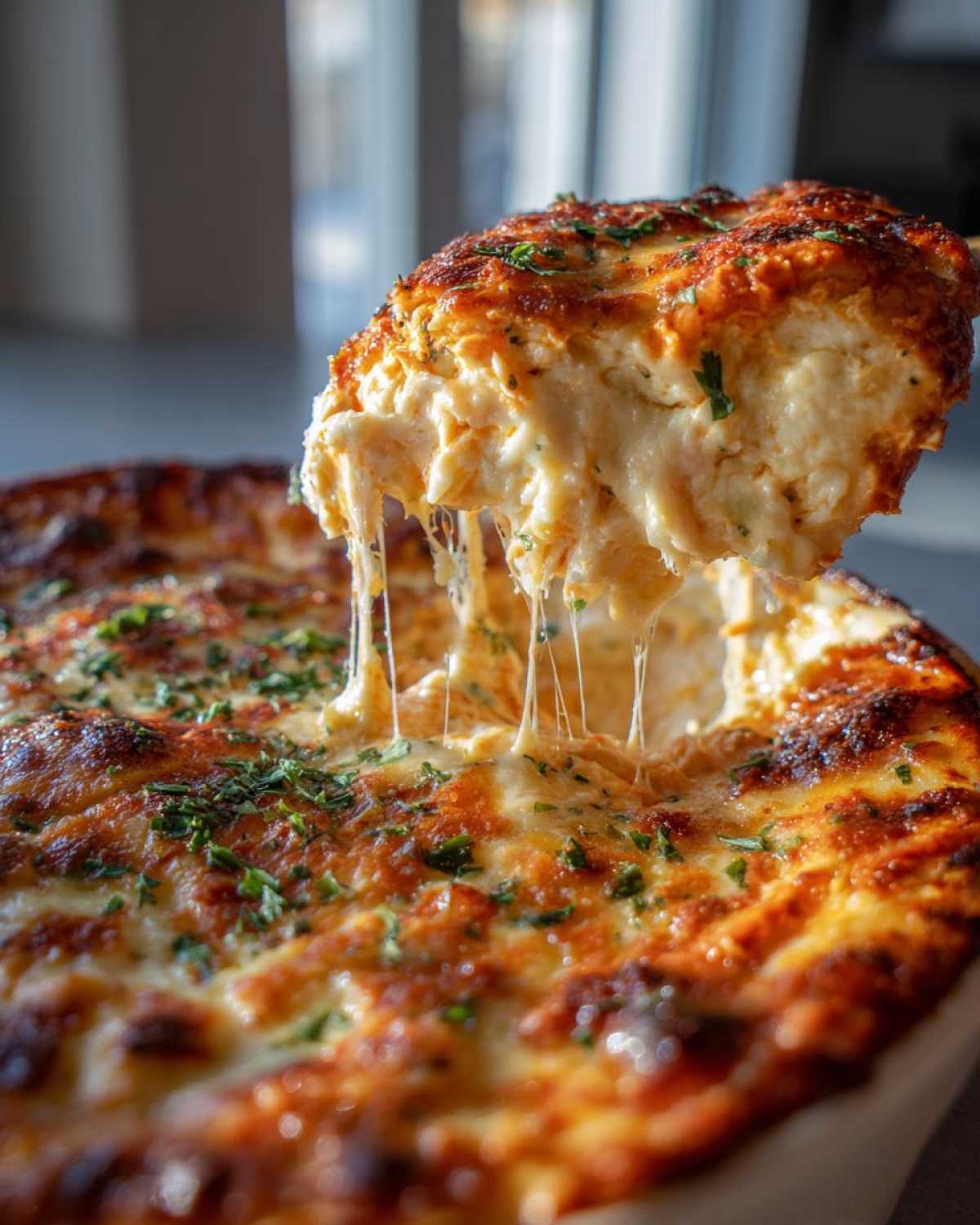 A scoop of hot Baked Buffalo Chicken Dip showing extreme cheese pull and a browned, bubbly top.
