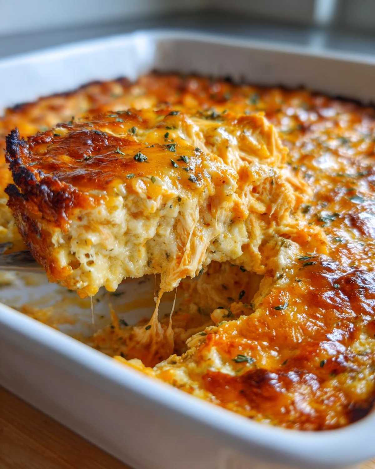 A serving spoon lifts a portion of hot Baked Buffalo Chicken Dip, showing melted cheese strings.