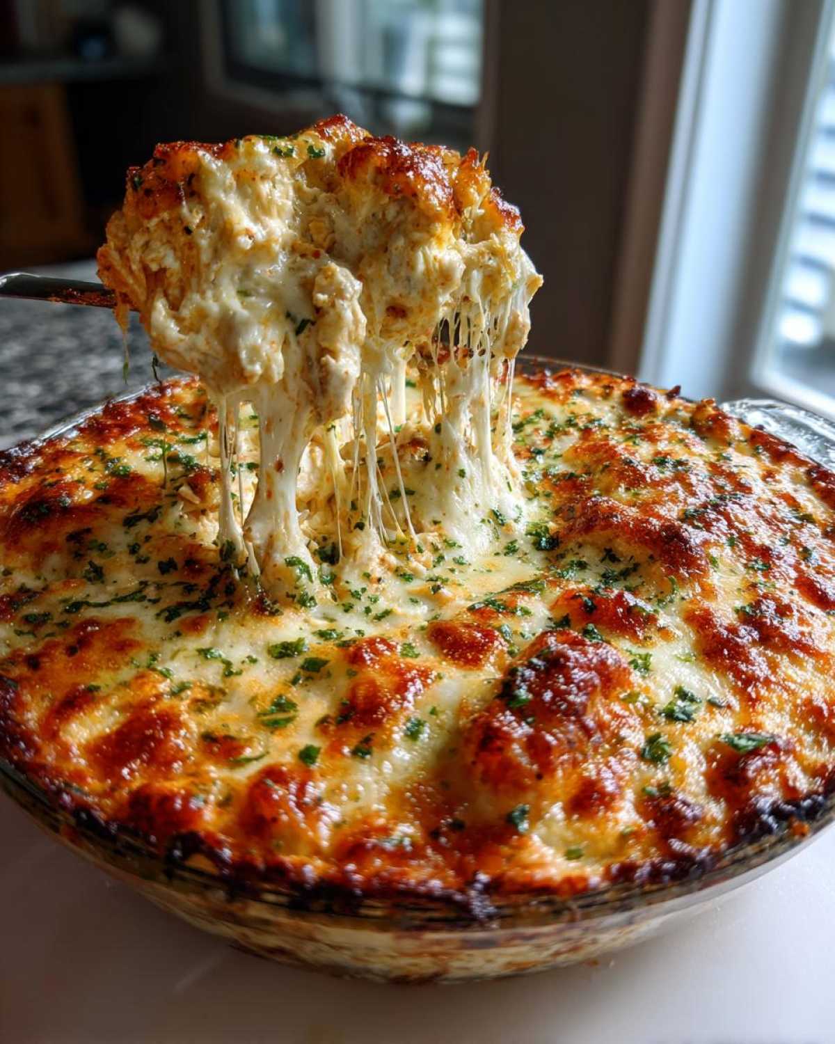 A spoonful of hot Baked Buffalo Chicken Dip showing extreme cheese pull over the bubbly, browned top.