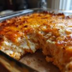 A scoop has been taken out of the hot, cheesy Baked Buffalo Chicken Dip showing shredded chicken texture.