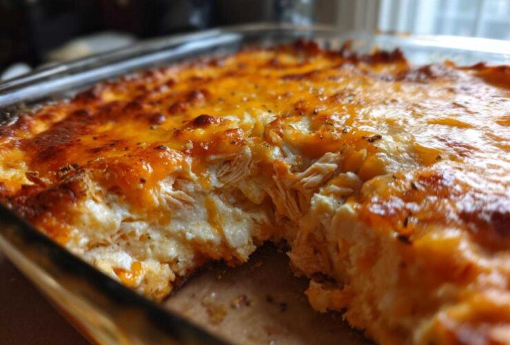 A scoop has been taken out of the hot, cheesy Baked Buffalo Chicken Dip showing shredded chicken texture.