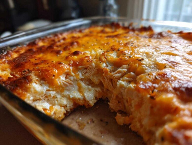 A scoop has been taken out of the hot, cheesy Baked Buffalo Chicken Dip showing shredded chicken texture.