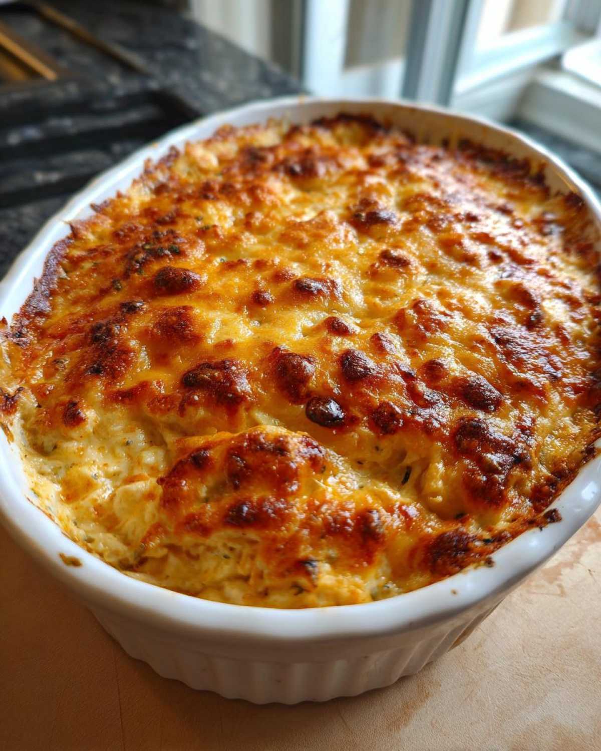 Close-up of a white oval dish filled with bubbling, golden-brown Baked Buffalo Chicken Dip.