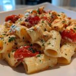 Close-up of creamy Baked Feta Pasta with Cherry Tomatoes, featuring rigatoni pasta coated in feta sauce and garnished with herbs.