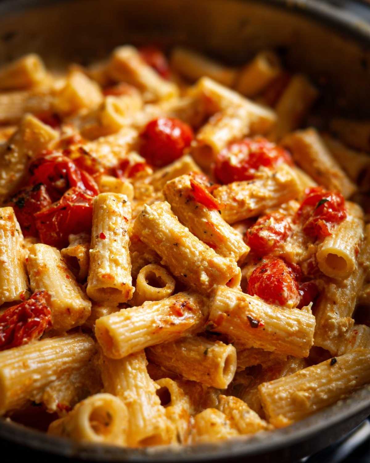 Close-up of creamy Baked Feta Pasta with cherry tomatoes mixed with rigatoni pasta in a pan.