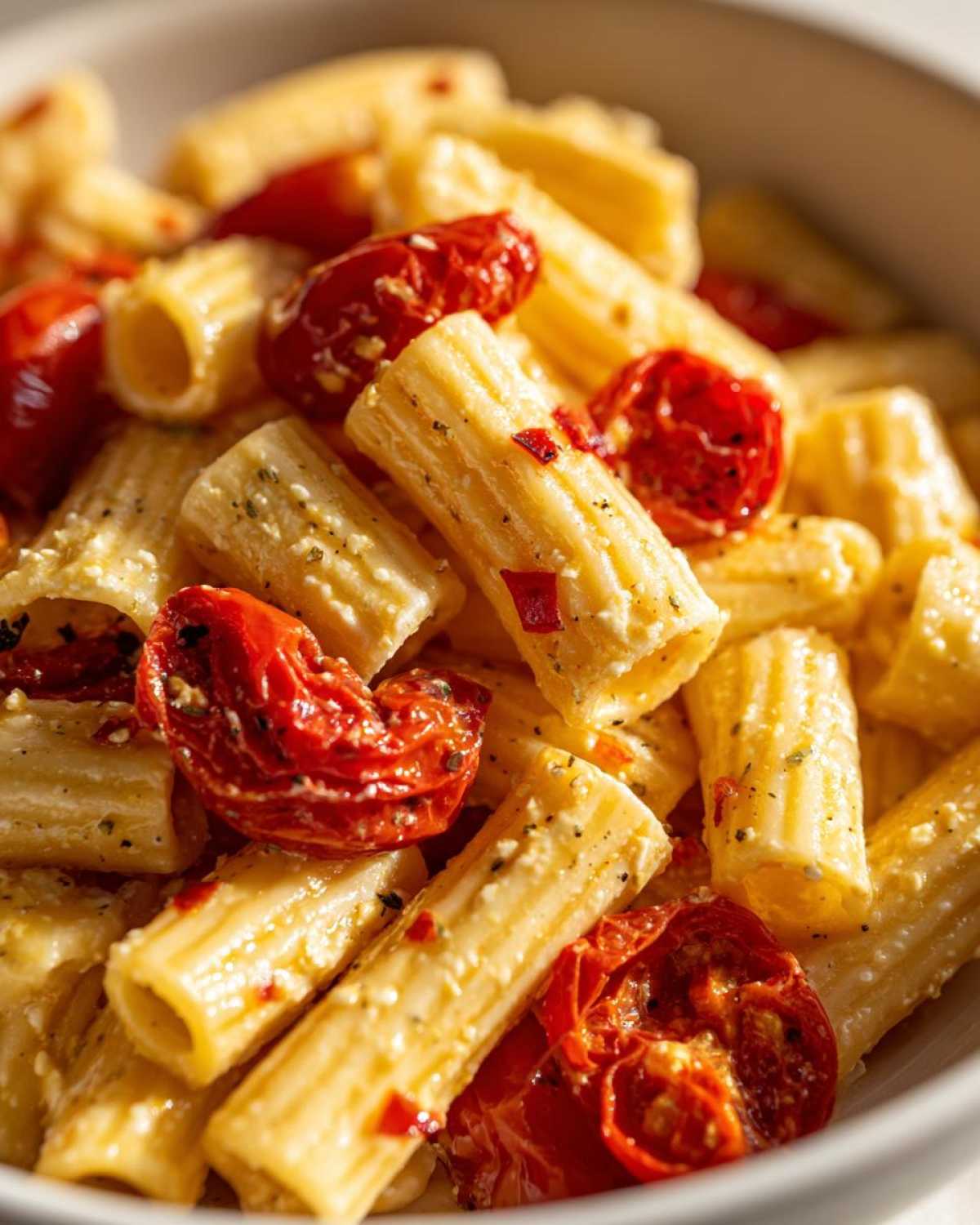 Close-up of creamy rigatoni pasta tossed with roasted cherry tomatoes in Baked Feta Pasta with Cherry Tomatoes.