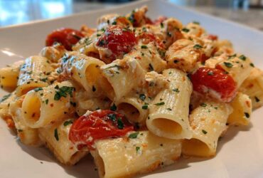 Close-up of creamy Baked Feta Pasta with Cherry Tomatoes, featuring rigatoni pasta coated in feta sauce and garnished with herbs.