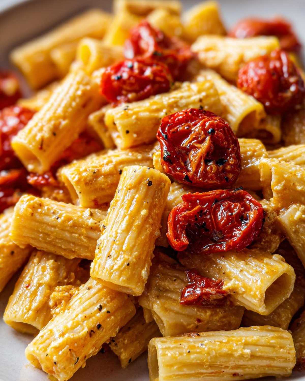 Close-up of creamy rigatoni pasta mixed with baked feta sauce and roasted cherry tomatoes in Baked Feta Pasta with Cherry Tomatoes.