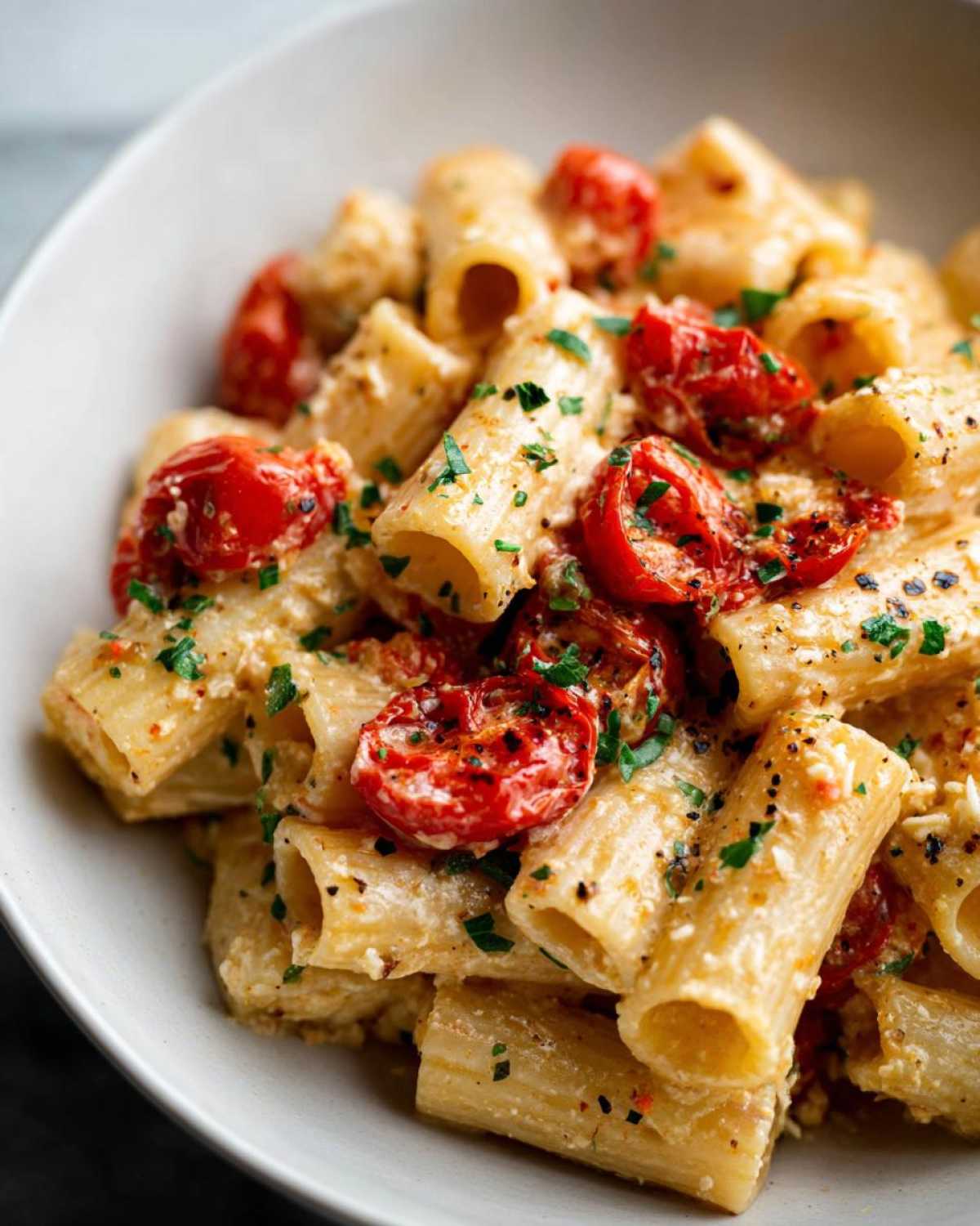 Close-up of creamy Baked Feta Pasta with rigatoni, roasted cherry tomatoes, and parsley garnish.