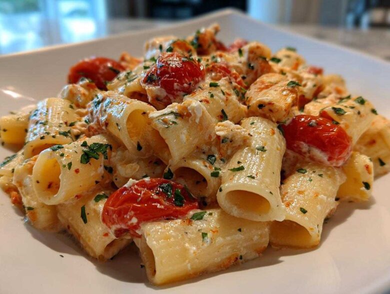 Close-up of creamy Baked Feta Pasta with Cherry Tomatoes, featuring rigatoni pasta coated in feta sauce and garnished with herbs.