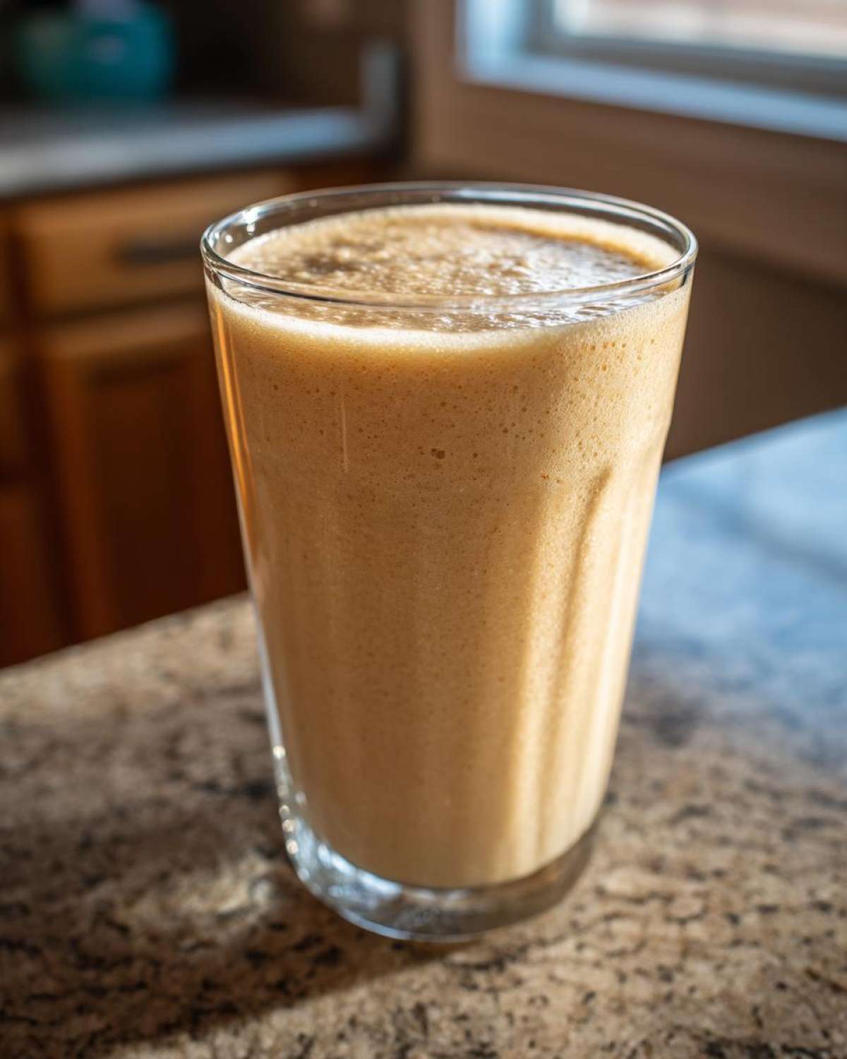 A tall glass filled with a thick, frothy Banana Peanut Butter Smoothie sitting on a granite countertop.
