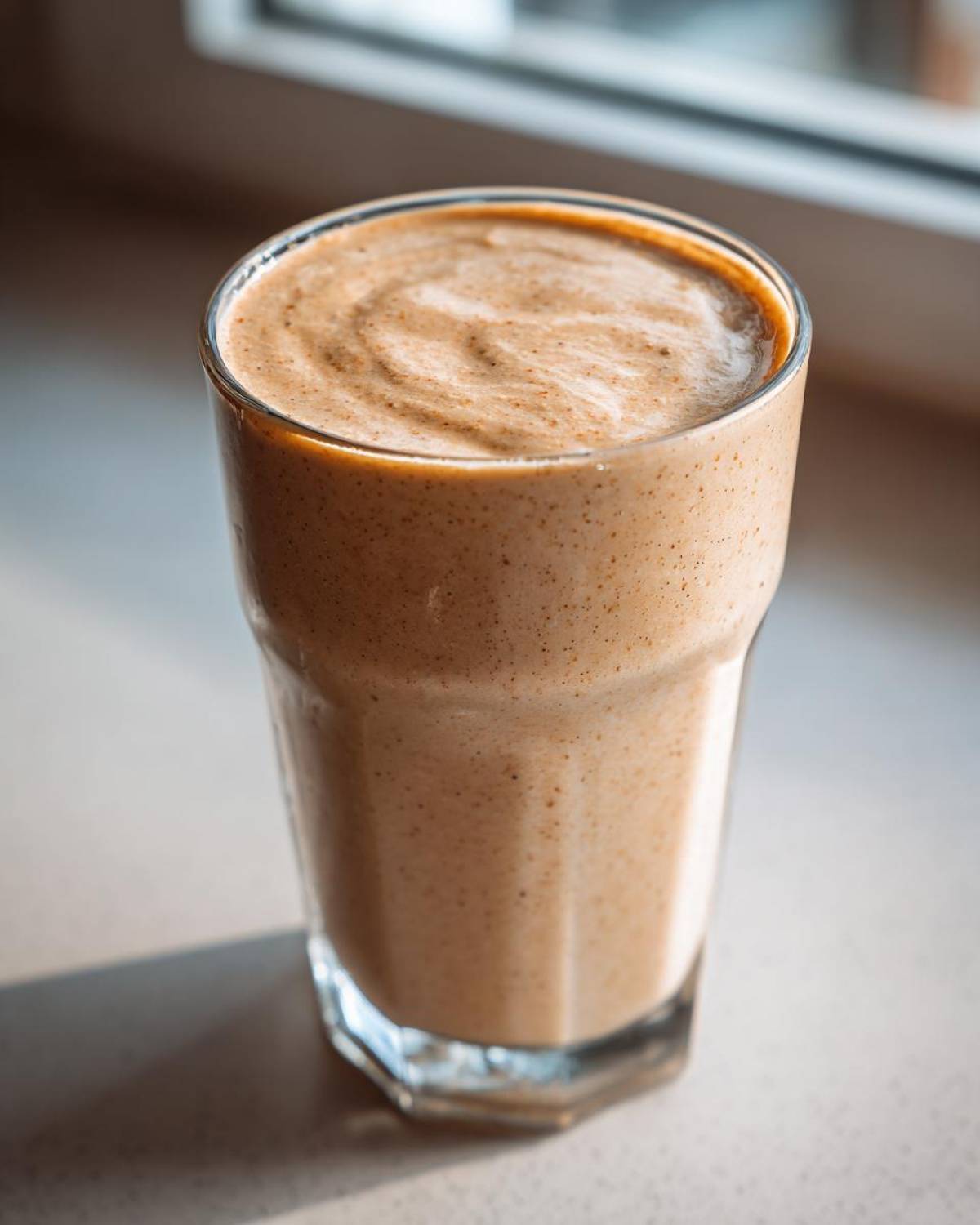 A close-up of a thick, creamy Banana Peanut Butter Smoothie served in a tall glass, sitting near a window.