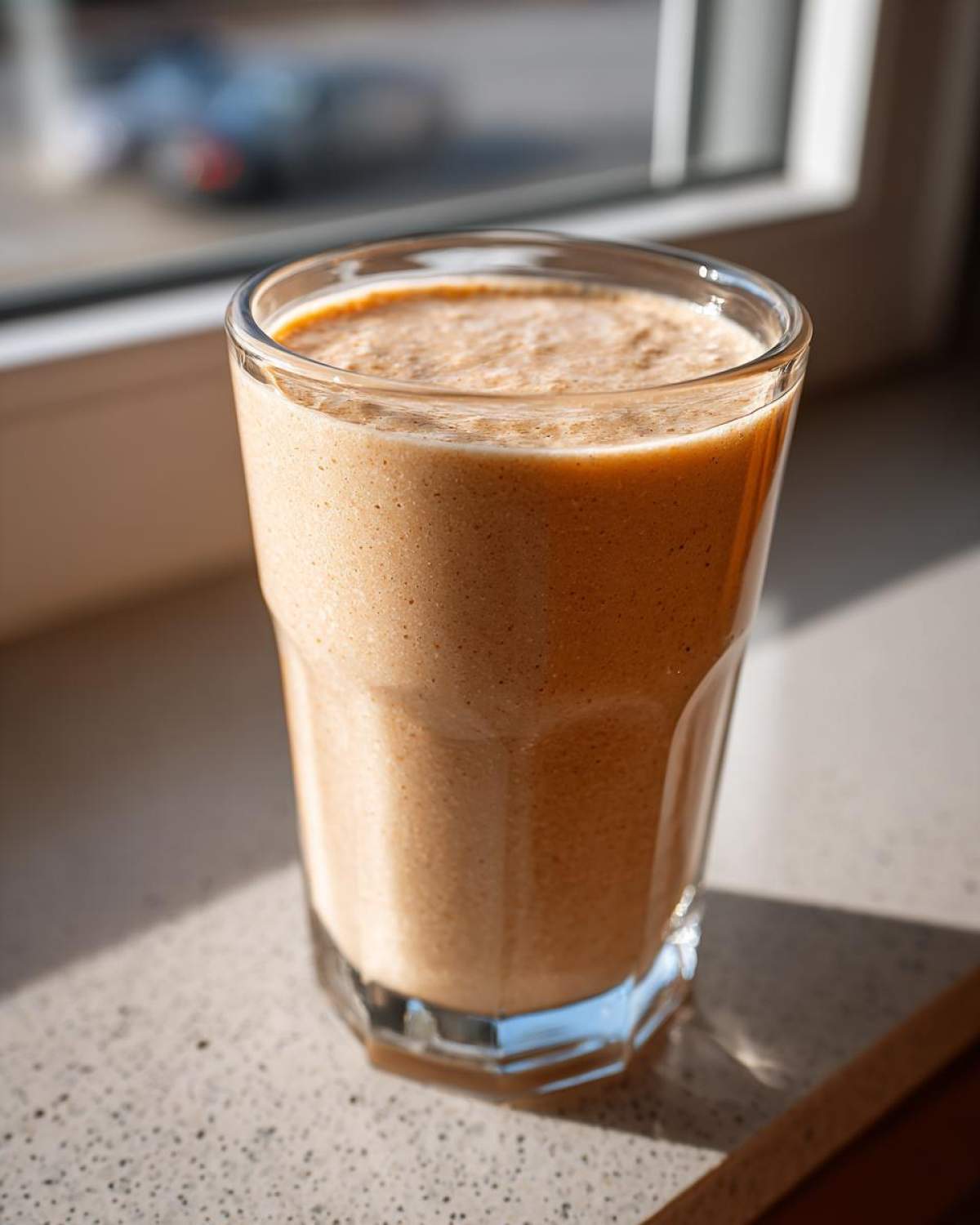 A tall glass filled with a thick, creamy Banana Peanut Butter Smoothie sitting on a sunlit countertop near a window.