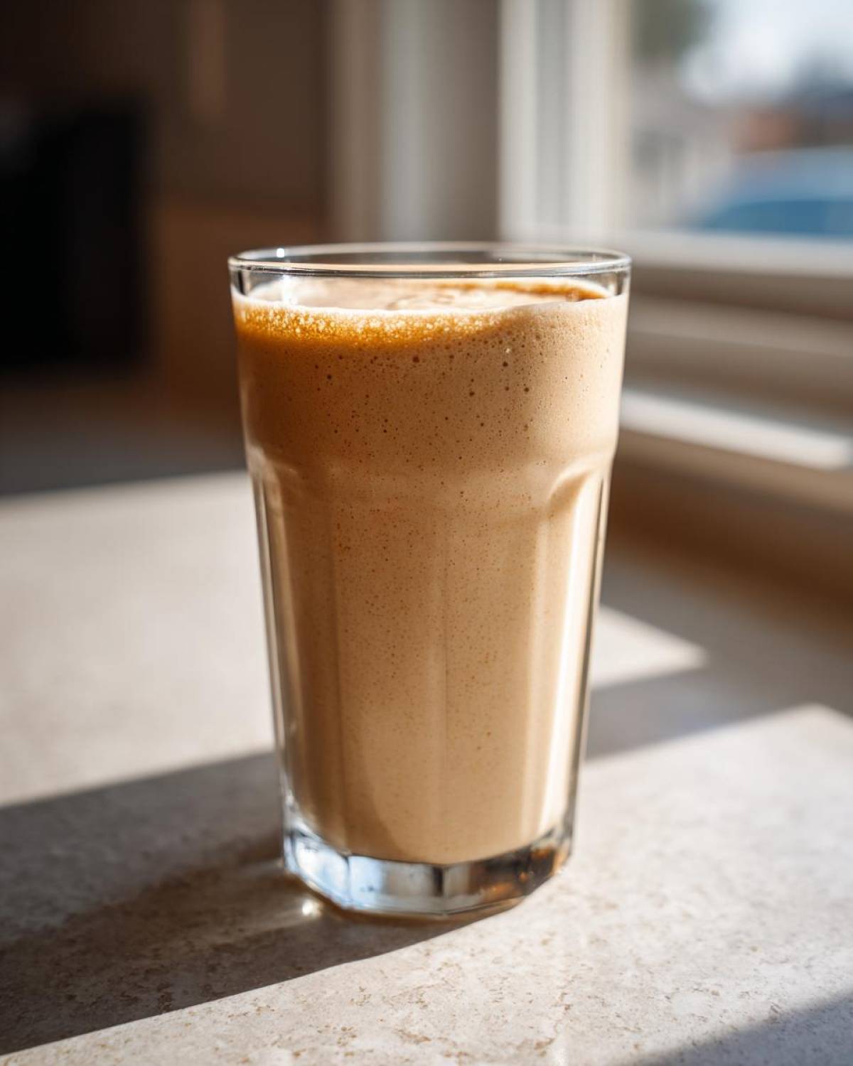 A tall glass of creamy, light brown Banana Peanut Butter Smoothie sitting on a sunlit countertop.