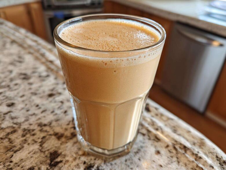 A glass filled with a creamy, light brown Banana Peanut Butter Smoothie resting on a granite countertop.