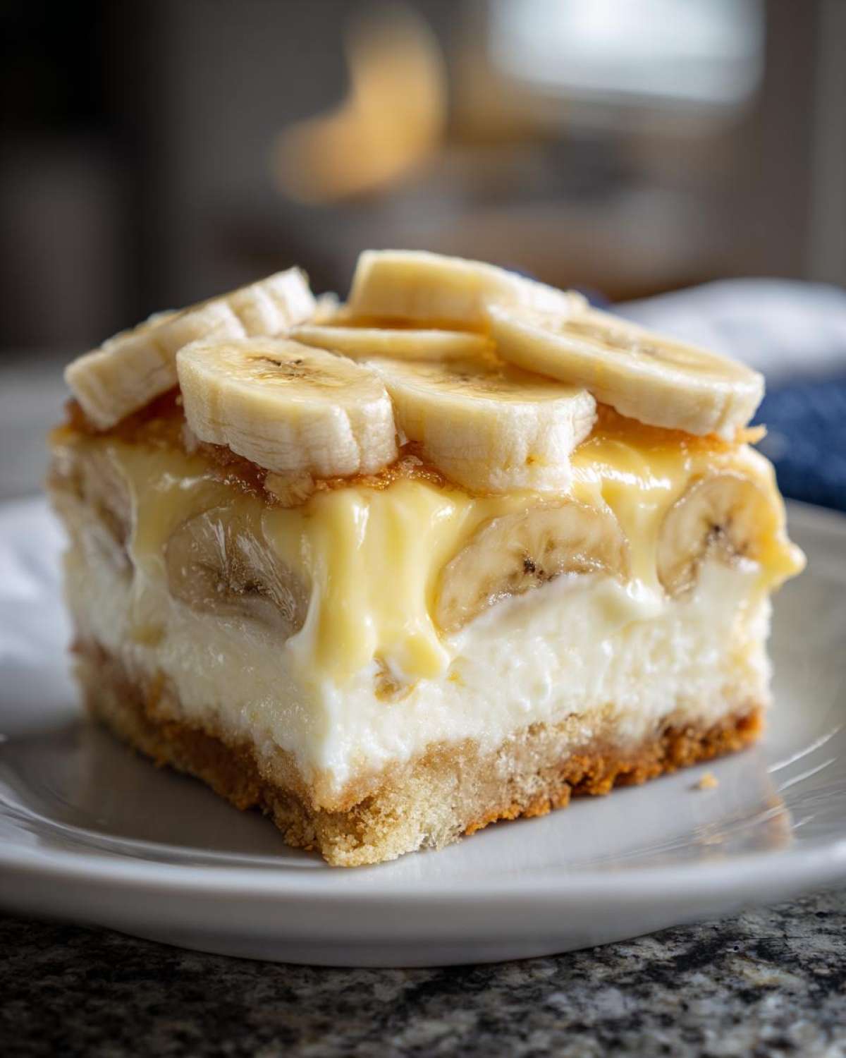 A close-up of a single serving of Banana Pudding Cheesecake Bars, layered with crust, cream cheese filling, and topped with pudding and fresh banana slices.