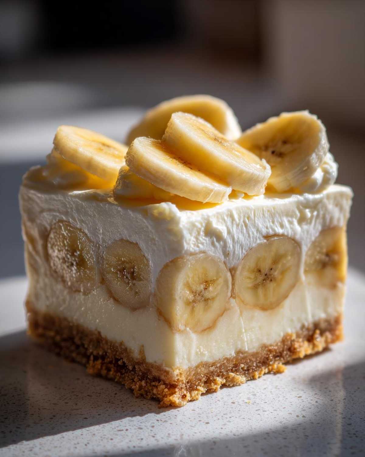 Close-up of a rich Banana Pudding Cheesecake Bars square topped with fresh banana slices.