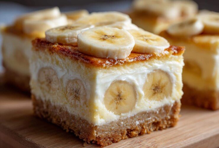 A close-up of a thick slice of Banana Pudding Cheesecake Bars showing the graham cracker crust, creamy filling with banana slices inside, and topped with fresh banana slices.