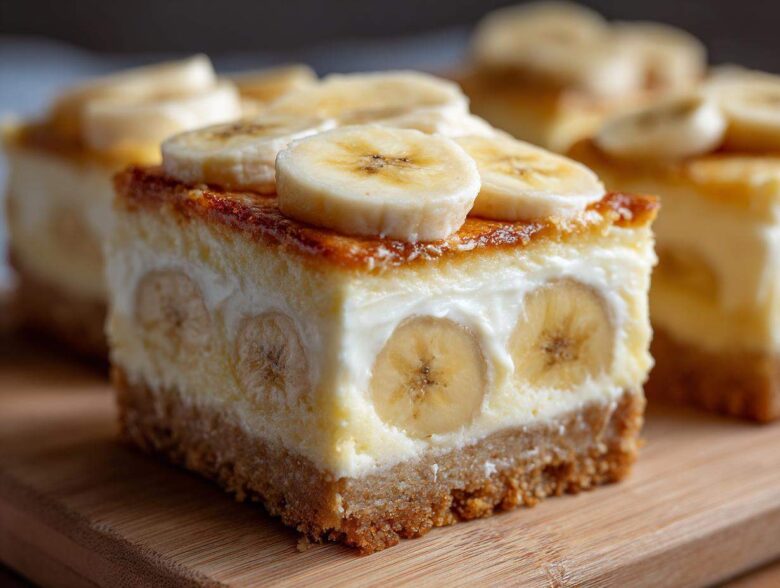 A close-up of a thick slice of Banana Pudding Cheesecake Bars showing the graham cracker crust, creamy filling with banana slices inside, and topped with fresh banana slices.